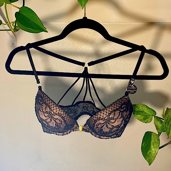 2/$80 Victoria’s Secret Pink+Black Lace Bombshell Push-up Bra w Racerback Straps - Picture 2 of 8